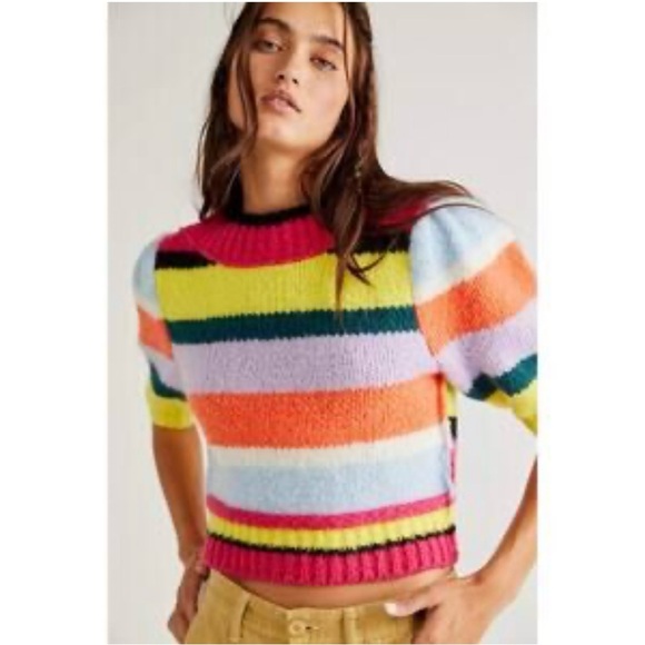 Free People Foxy Stripe Pullover Sweater Womens Size Small Puff Sleeve Cropped - Picture 1 of 13